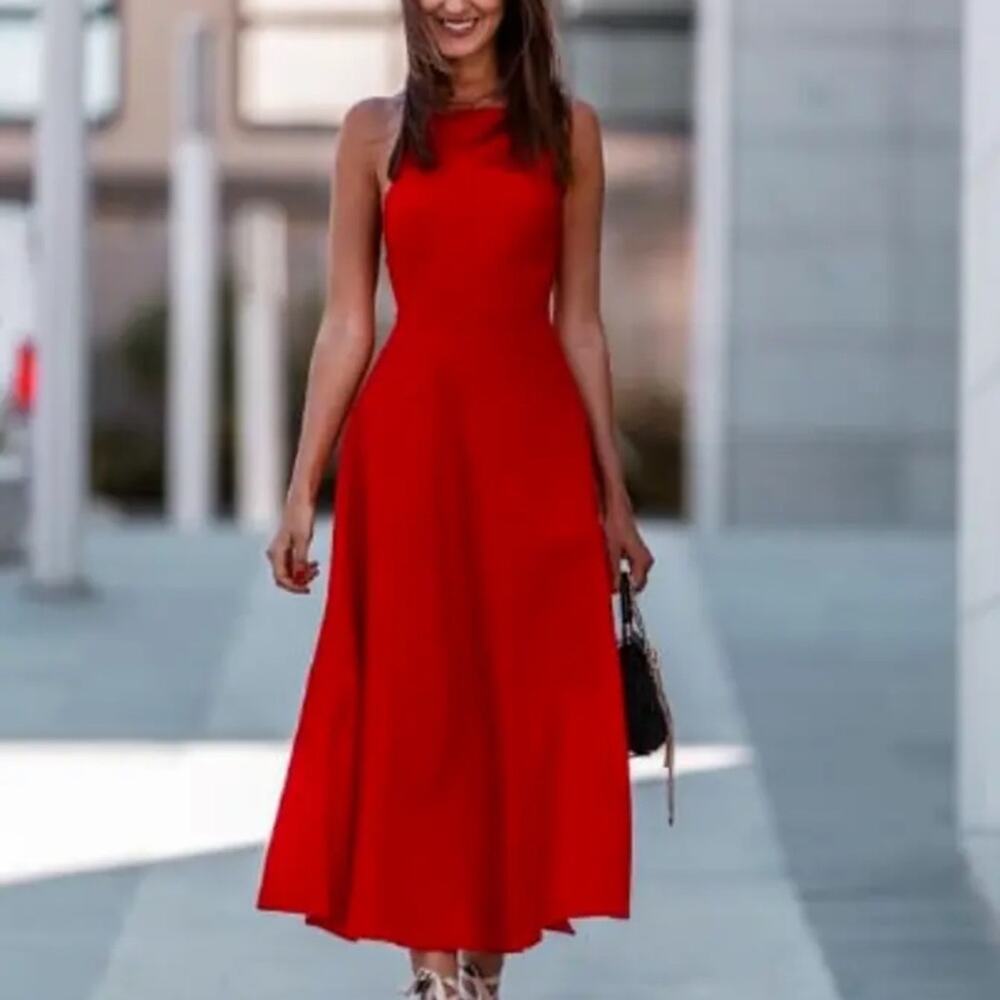 Zara Red Linen Blend Voluminous Strappy Halter Dress. Blogger fave!🔥 - Picture 4 of 13